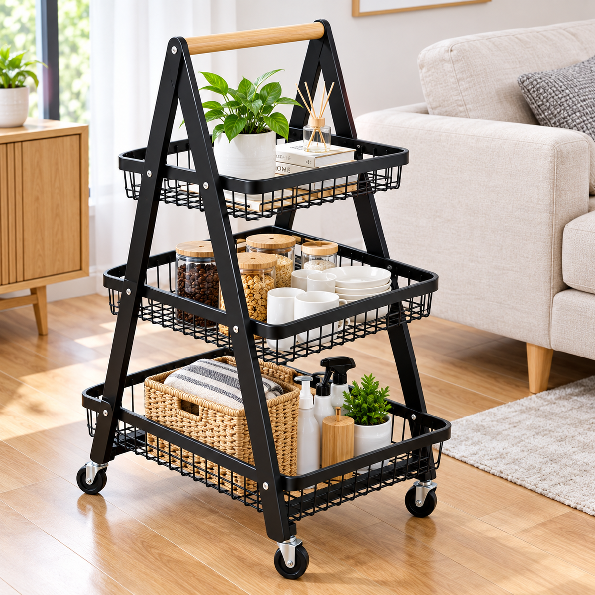 carrito organizador móvil de 3 niveles, con estructura negra, canastas tipo rejilla, asa superior y ruedas.