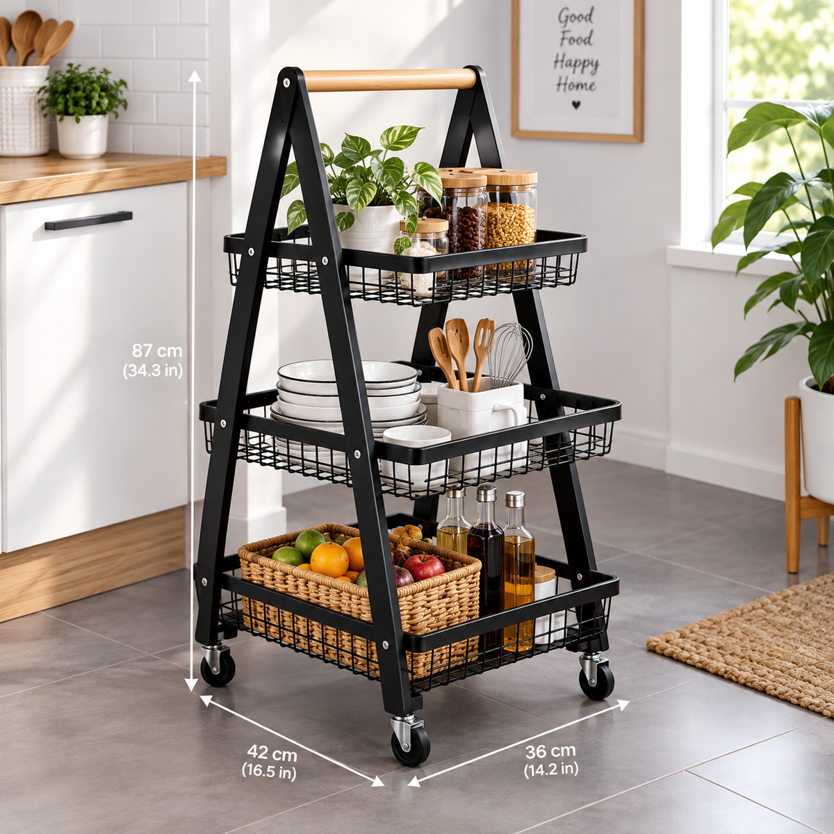carrito organizador móvil de 3 niveles, con estructura negra, canastas tipo rejilla, asa superior y ruedas.