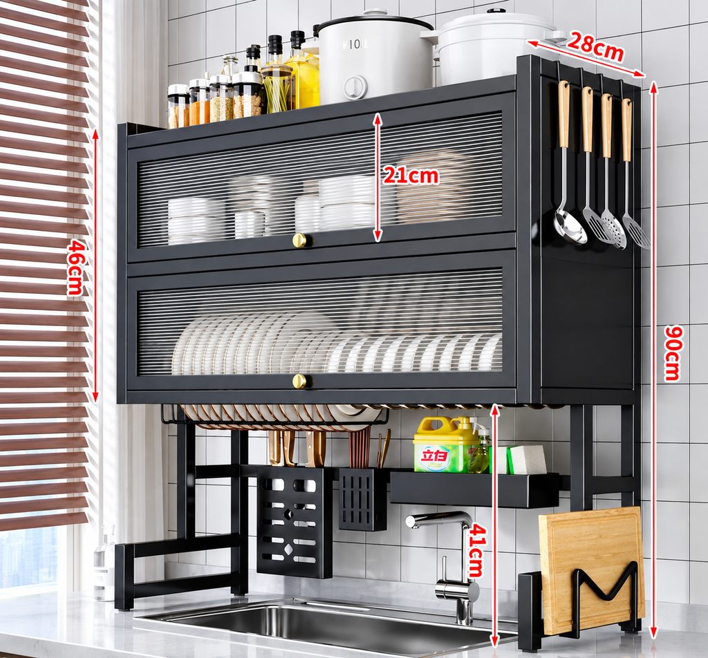 Escurridor de platos de dos niveles sobre fregadero, con organizador para platos, utensilios de cocina, esponjas y tabla de cortar, diseño moderno en color negro.