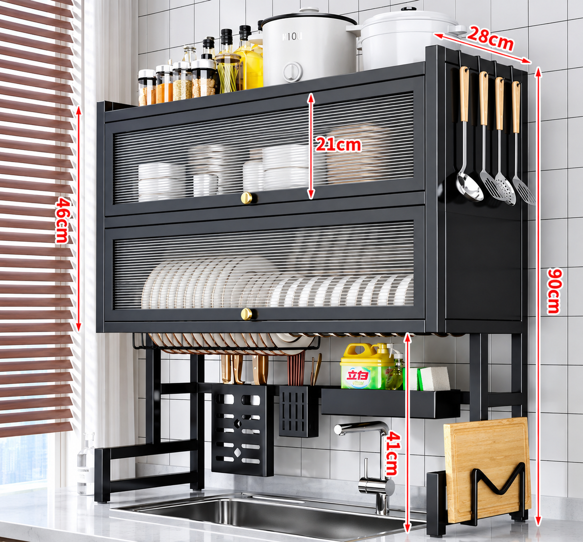 Escurridor de platos de dos niveles sobre fregadero, con organizador para platos, utensilios de cocina, esponjas y tabla de cortar, diseño moderno en color negro.