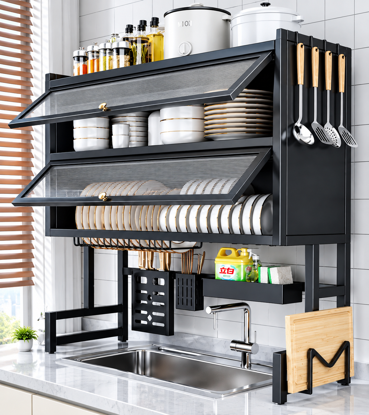 Escurridor de platos de dos niveles sobre fregadero, con organizador para platos, utensilios de cocina, esponjas y tabla de cortar, diseño moderno en color negro.