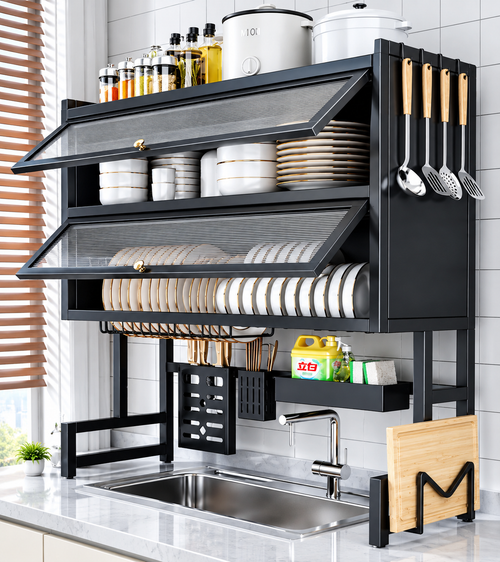 Escurridor de platos de dos niveles sobre fregadero, con organizador para platos, utensilios de cocina, esponjas y tabla de cortar, diseño moderno en color negro.