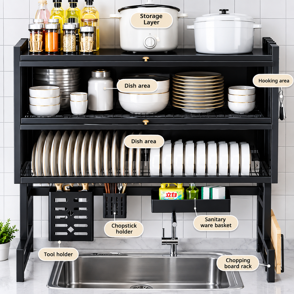 Escurridor de platos de dos niveles sobre fregadero, con organizador para platos, utensilios de cocina, esponjas y tabla de cortar, diseño moderno en color negro.