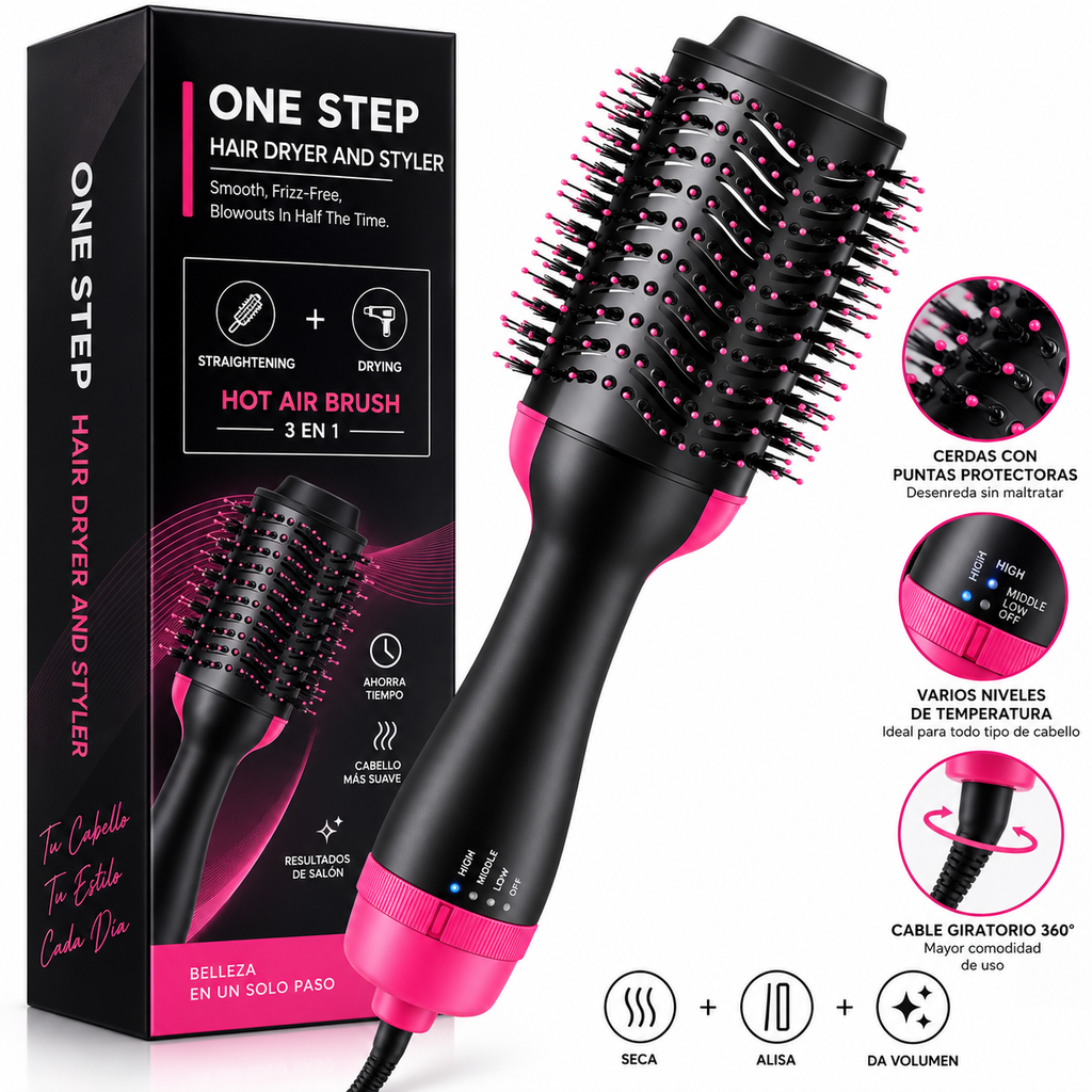 💖 Cepillo Secador 3 en 1 – Seca, Alisa y Dale Volumen a tu Cabello
