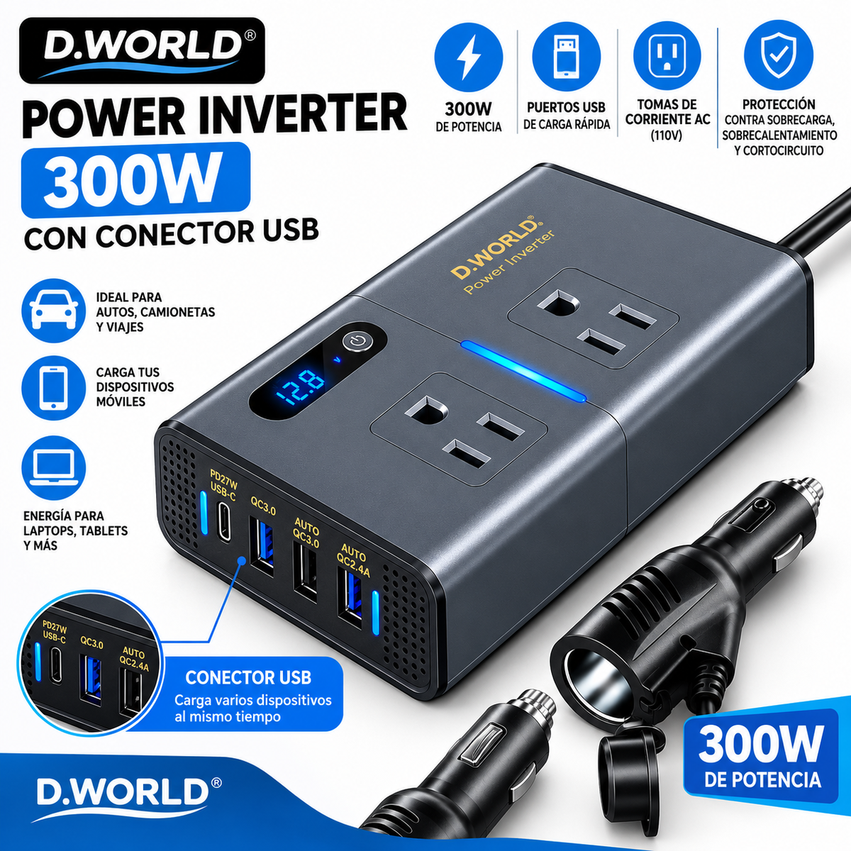 🔌 Inversor de Corriente para Auto 300W con USB D.WORLD