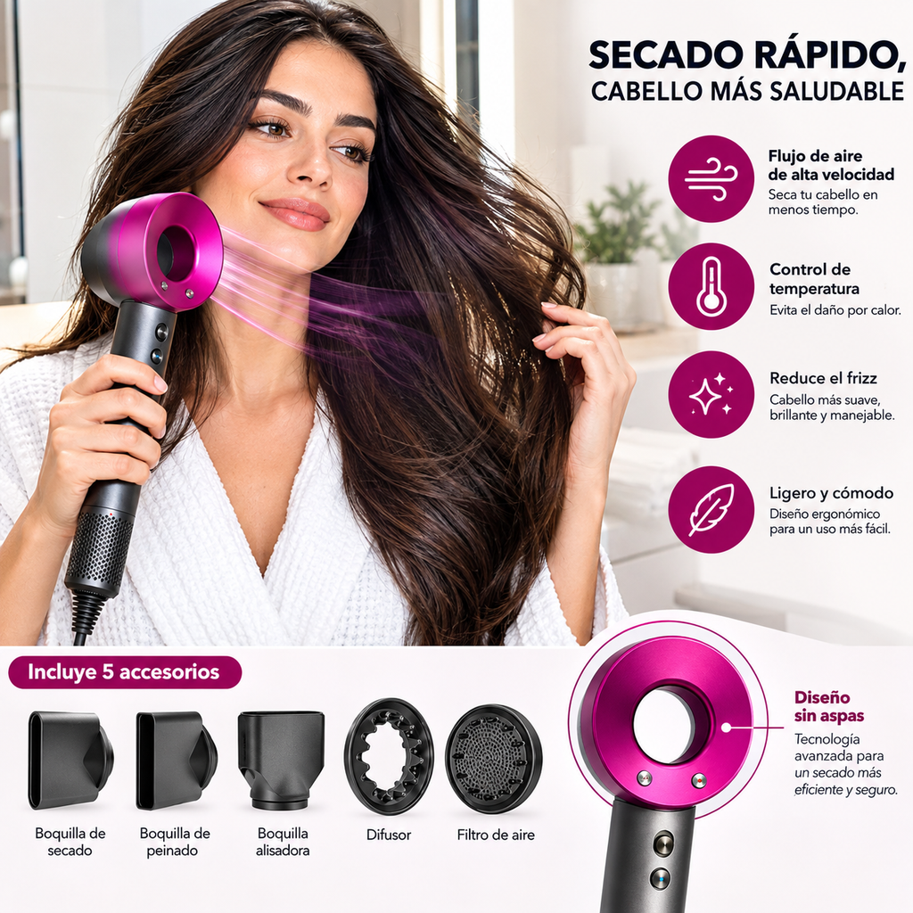 💇‍♀️ Secador de Cabello Profesional 5 en 1 – Secado, Peinado y Volumen
