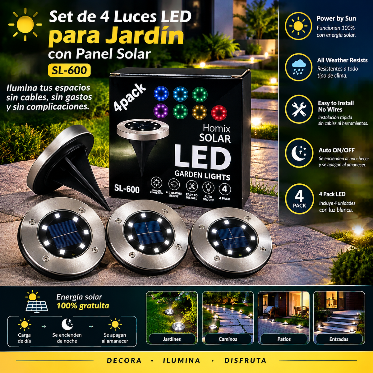 ☀️ Set de 4 Luces LED Solares para Jardín SL-600